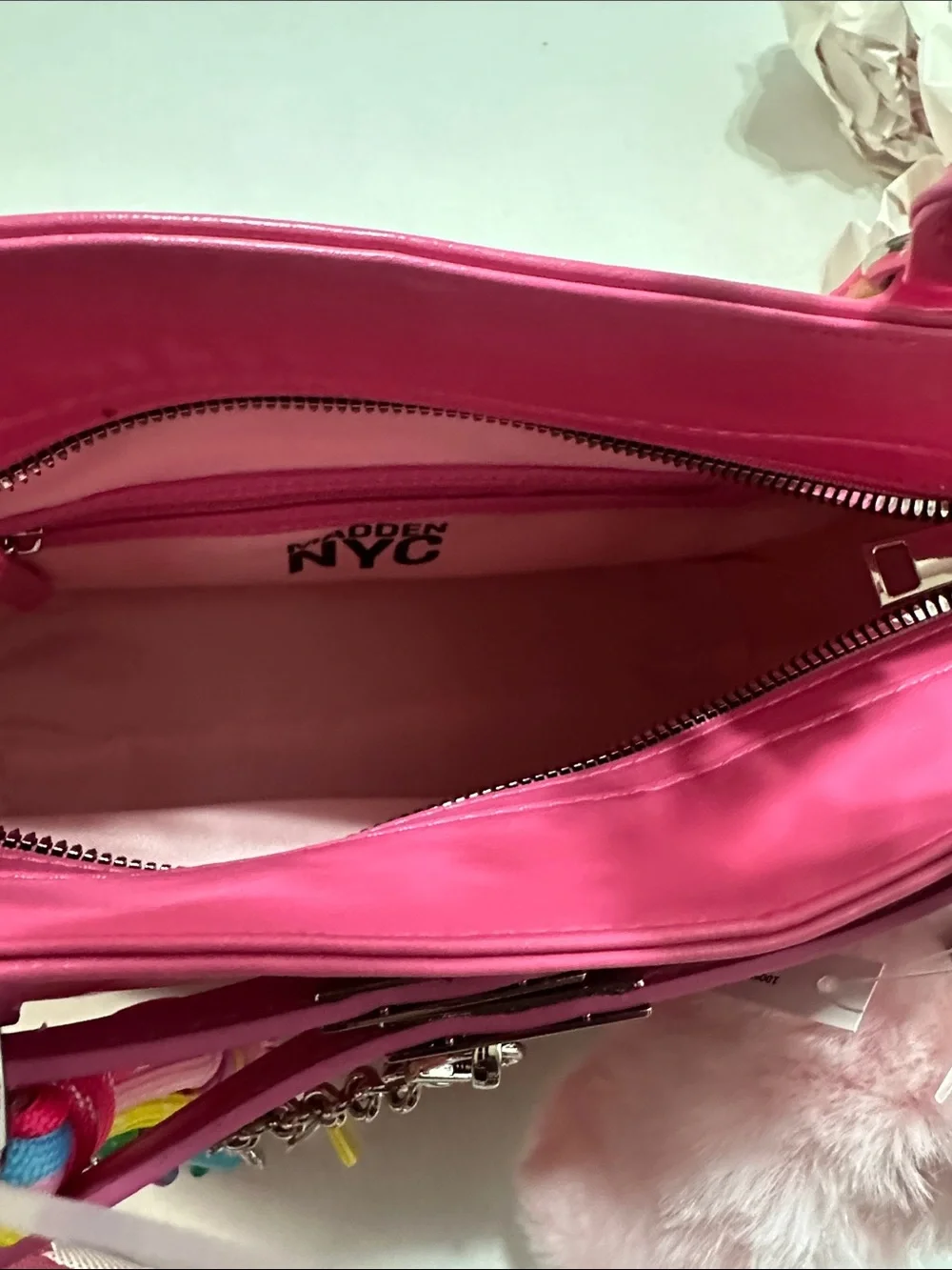 Hot Pink Patent Satchel with Fluffy Bunny Charm